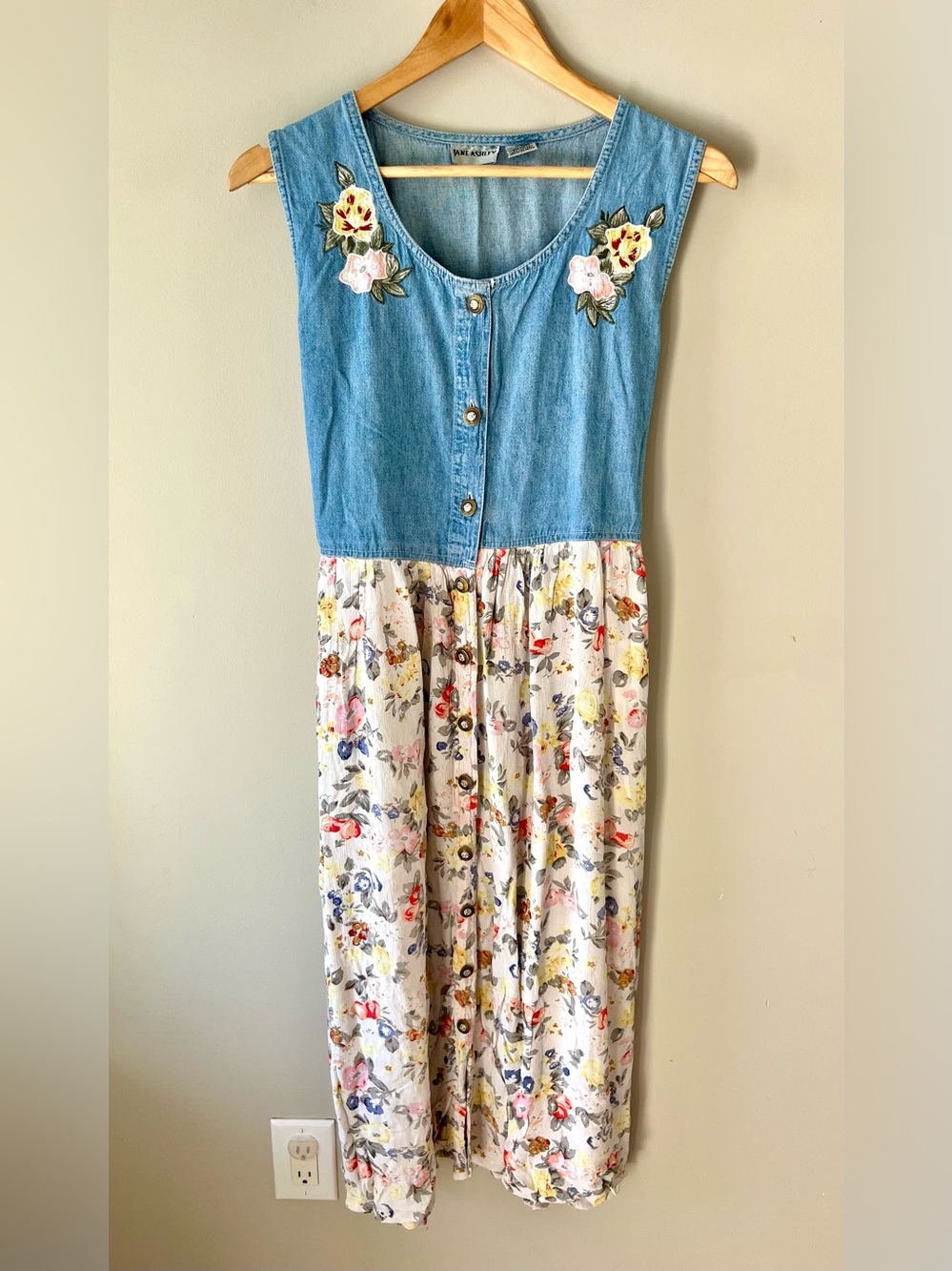 VTG Jane Ashley Blue Denim Top Floral Print Midi Dress Size Medium - 90's Boho - Picture 2 of 12